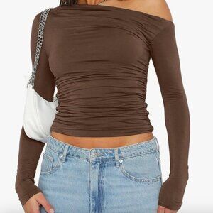*NWT* Boat Neck Off Shoulder Long Sleeve Top - Brown